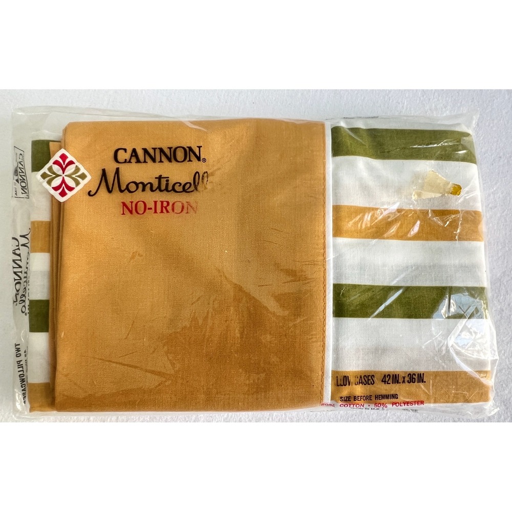 Vintage Cannon Monticello Striped Pillowcases Gold Green White Set of 2 NOS USA
